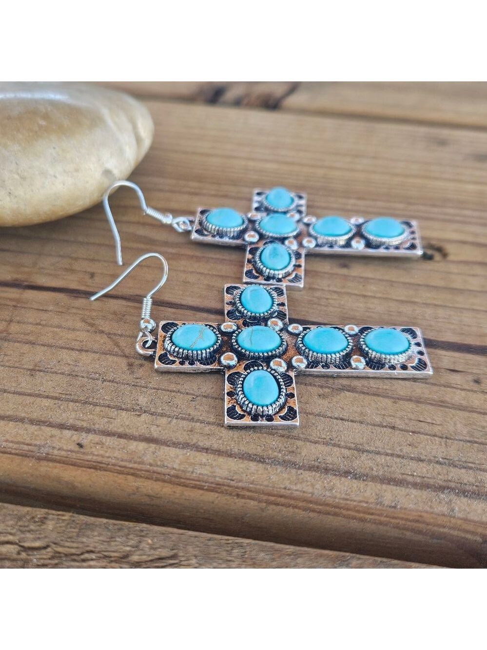 Western Boho Turquoise Cross Earrings - Picture 3 of 5